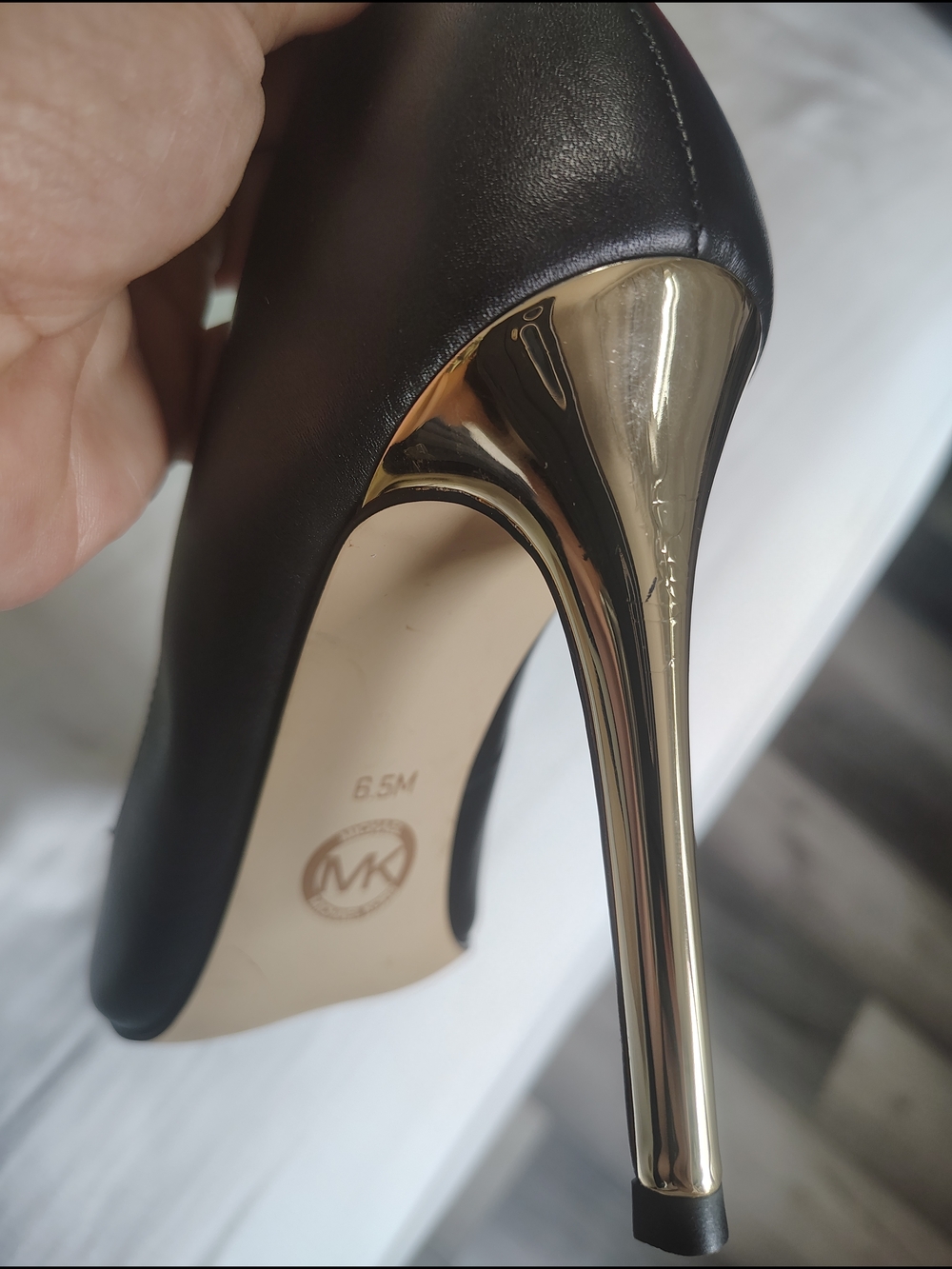 Michael Kors Black Leather Pointed Toe Pumps with Gold Caps - Picture 8 of 15